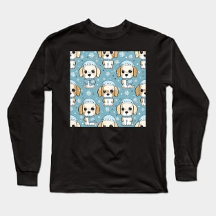 Cartoonish pups on snow - seamless pattern Long Sleeve T-Shirt